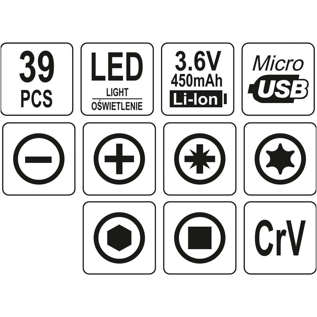 Antgalių rinkinys su akumuliatoriniu atsuktuvu Lithium-ion/3,6V 39vnt. 5 Antgalių rinkinys su akumuliatoriniu atsuktuvu Lithium-ion/3,6V 39vnt. 5