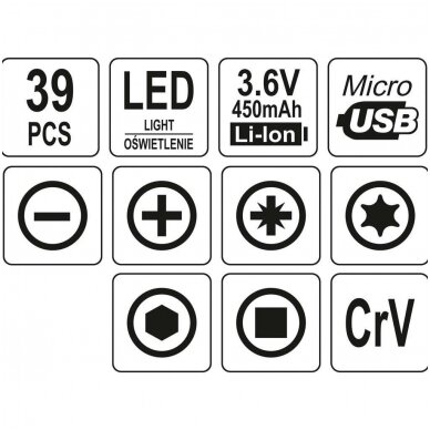 Antgalių rinkinys su akumuliatoriniu atsuktuvu Lithium-ion/3,6V 39vnt. 5 Antgalių rinkinys su akumuliatoriniu atsuktuvu Lithium-ion/3,6V 39vnt. 5