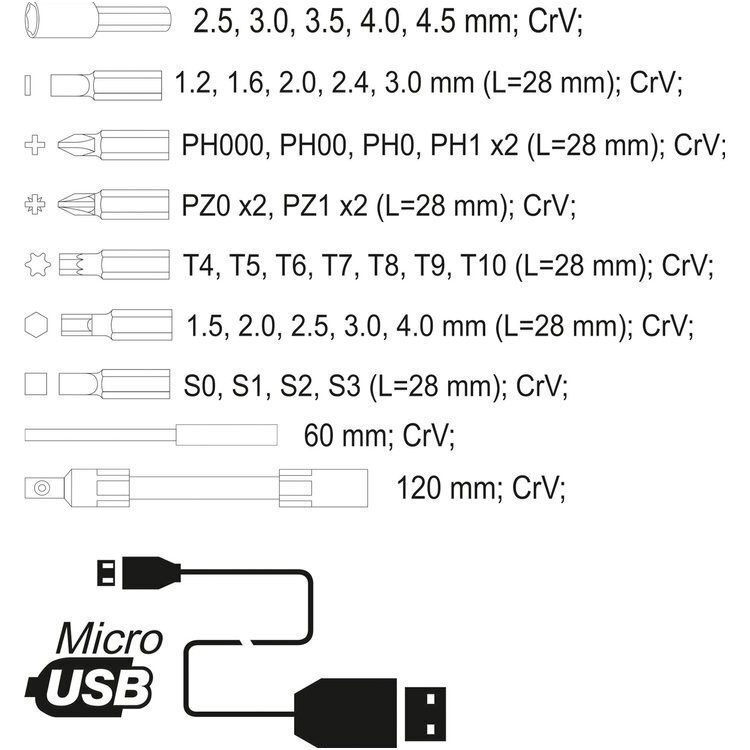Antgalių rinkinys su akumuliatoriniu atsuktuvu Lithium-ion/3,6V 39vnt. 4 Antgalių rinkinys su akumuliatoriniu atsuktuvu Lithium-ion/3,6V 39vnt. 4