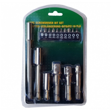 Adapterių ir antgalių komplektas 1/4"(6,3 mm) 16 vnt. Adapterių ir antgalių komplektas 1/4"(6,3 mm) 16 vnt.