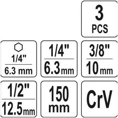 Adapterių komplektas -1/4"(6,3 mm) į  1/4" - 3/8" - 1/2" - 150 mm 2