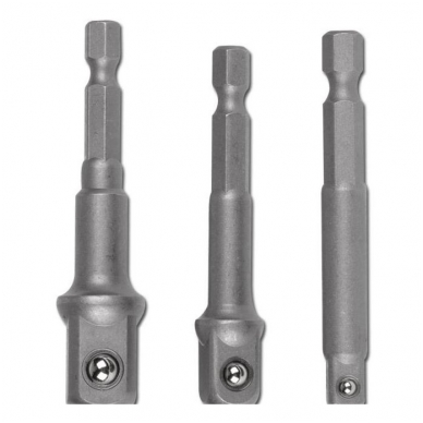 Adapterių komplektas iš 1/4"(6,3 mm) į galvutes 1/4" - 3/8" - 1/2" Adapterių komplektas iš 1/4"(6,3 mm) į galvutes 1/4" - 3/8" - 1/2"