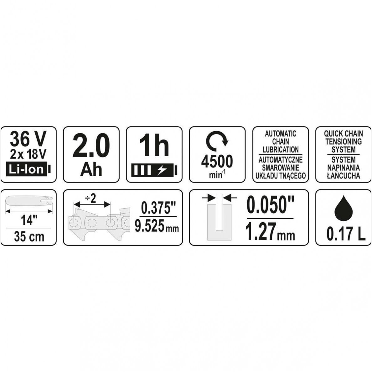 Akumuliatorinis grandininis pjūklas 14′′,2 baterijos 36V=2 X 18V, 2 x 2,0AH 5 Akumuliatorinis grandininis pjūklas 14′′,2 baterijos 36V=2 X 18V, 2 x 2,0AH 5
