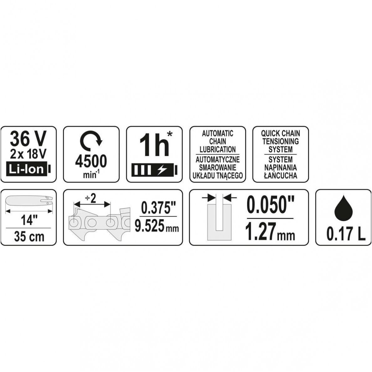 Akumuliatorinis grandininis pjūklas 14"/36V be baterijų 2