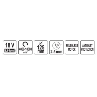 Akumuliatorinis ekscentrinis šlifuoklis 18 V 125 mm. (be baterijos) 8 Akumuliatorinis ekscentrinis šlifuoklis 18 V 125 mm. (be baterijos) 8