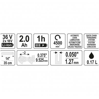 Akumuliatorinis grandininis pjūklas 14′′,2 baterijos 36V=2 X 18V, 2 x 2,0AH 5 Akumuliatorinis grandininis pjūklas 14′′,2 baterijos 36V=2 X 18V, 2 x 2,0AH 5