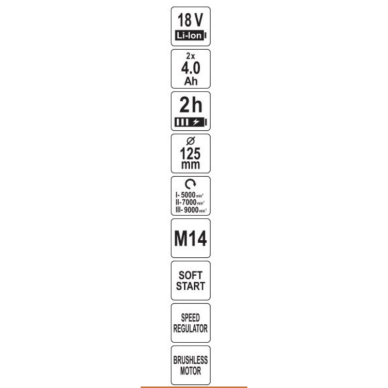 Akumuliatorinis kampinis šlifuoklis 18V 2x4 AH 125mm. 13 Akumuliatorinis kampinis šlifuoklis 18V 2x4 AH 125mm. 13