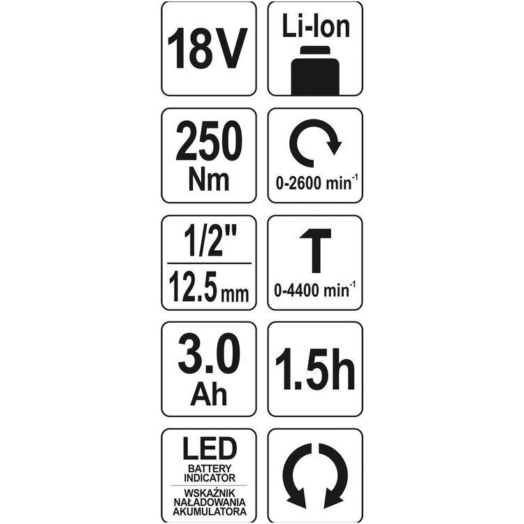 Akumuliatorinis smūginis veržliasūkis bešepetėlinis Li-ion 3,00mAh.,250Nm., 18V 6 Akumuliatorinis smūginis veržliasūkis bešepetėlinis Li-ion 3,00mAh.,250Nm., 18V 6