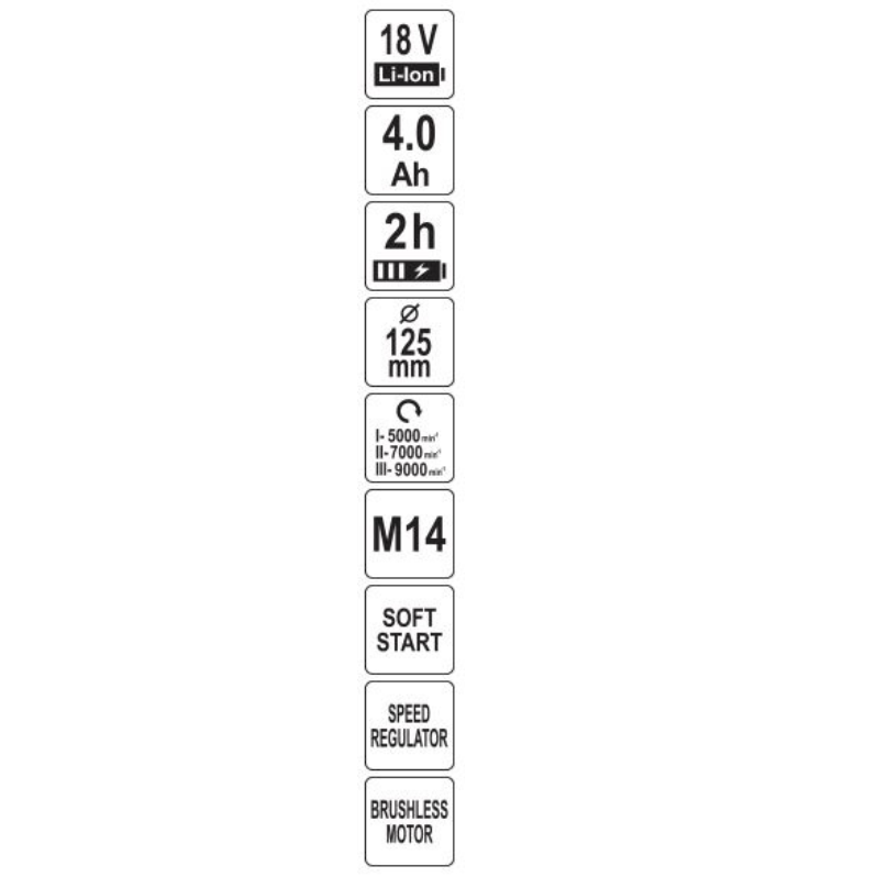 Akumuliatorinis kampinis šlifuoklis 18V. 4 AH 125mm. 12 Akumuliatorinis kampinis šlifuoklis 18V. 4 AH 125mm. 12