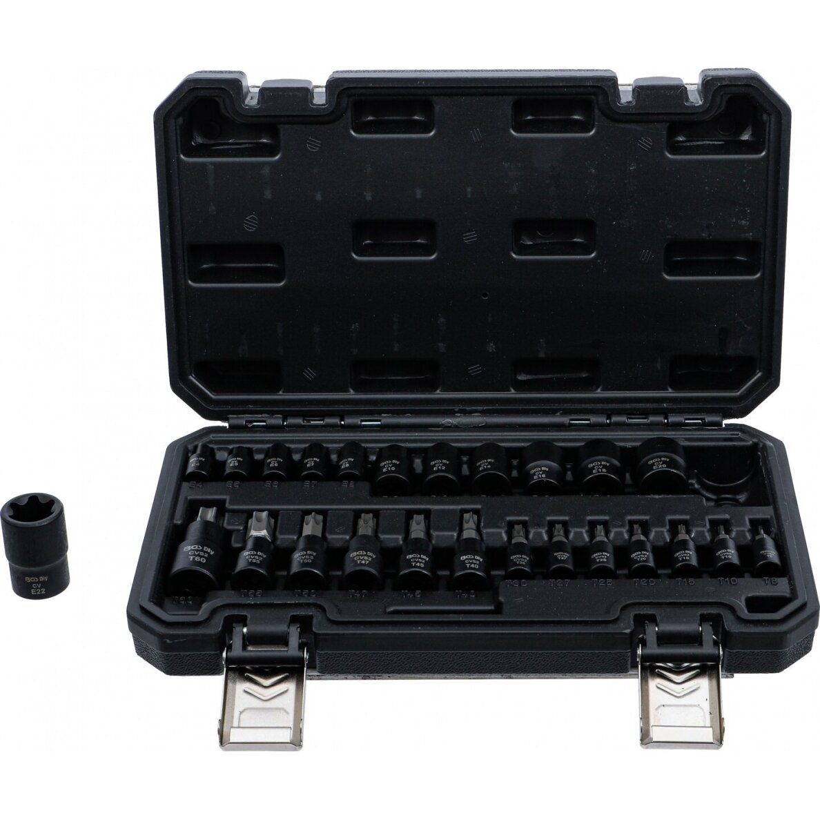 Antgalių ir galvučių rinkinys 6.3 mm (1/4"), 10 mm. (3/8"), 12.5 mm (1/2") E-Star / T-Star (Torx) 25 vnt. 1 Antgalių ir galvučių rinkinys 6.3 mm (1/4"), 10 mm. (3/8"), 12.5 mm (1/2") E-Star / T-Star (Torx) 25 vnt. 1