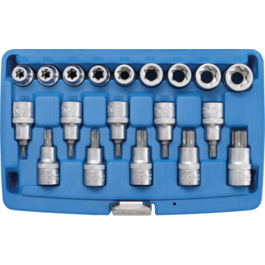 Antgalių rinkinys įpresuotų į 1/2" galvutę 19 vnt, T30 - T70 ir E10 - E24