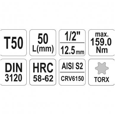 Antgalis įpresuotas į galvutę 1/2", T50 x 55mm. 2 Antgalis įpresuotas į galvutę 1/2", T50 x 55mm. 2