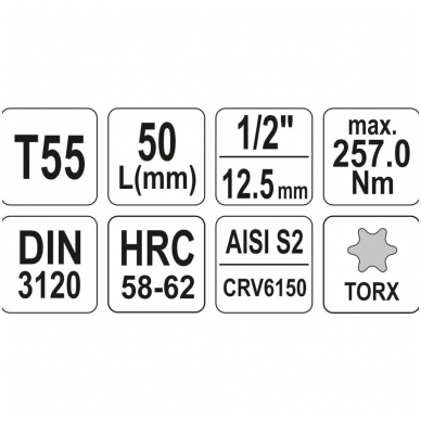 Antgalis įpresuotas į galvutę 1/2", T55 x 55 mm. 2 Antgalis įpresuotas į galvutę 1/2", T55 x 55 mm. 2