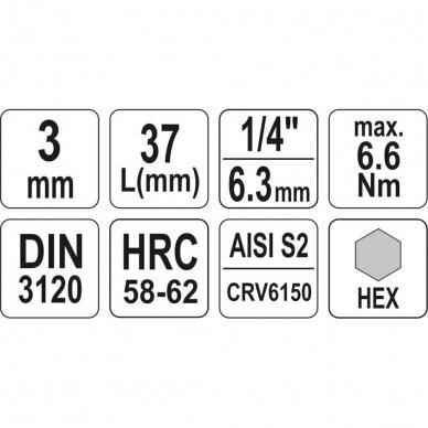 Antgalis įpresuotas į galvutę 6,3mm. (1/4") hex šešiakampis 3mm. 3 Antgalis įpresuotas į galvutę 6,3mm. (1/4") hex šešiakampis 3mm. 3