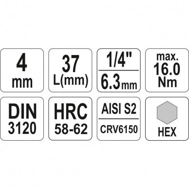 Antgalis įpresuotas į galvutę 6,3mm. (1/4") hex šešiakampis 4mm. 3 Antgalis įpresuotas į galvutę 6,3mm. (1/4") hex šešiakampis 4mm. 3