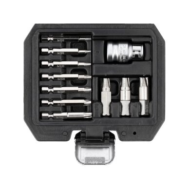 Antgalių rinkinys sugadintiems T-Star (Torx) su skyle 11 vnt. Antgalių rinkinys sugadintiems T-Star (Torx) su skyle 11 vnt.