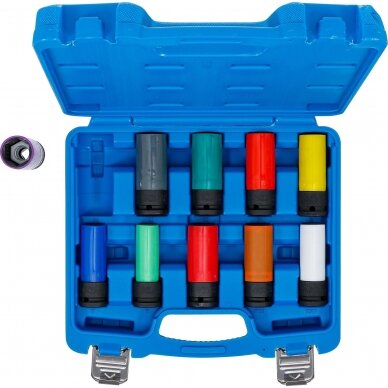 Apsauginių smūginių galvučių rinkinys 12.5 mm. (1/2") 15 - 24mm. ir kitos specialios ratų galvutės 10vnt. 3 Apsauginių smūginių galvučių rinkinys 12.5 mm. (1/2") 15 - 24mm. ir kitos specialios ratų galvutės 10vnt. 3