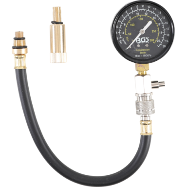 Benzininis kompresijos matuoklis su adapteriais M10 + M14 Benzininis kompresijos matuoklis su adapteriais M10 + M14