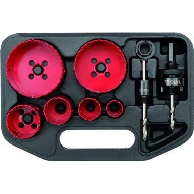 Bi-metall karūnų rinkinys 22, 29, 35, 44, 67 ir 73 mm 8 vnt, HSS M3 Bi-metall karūnų rinkinys 22, 29, 35, 44, 67 ir 73 mm 8 vnt, HSS M3