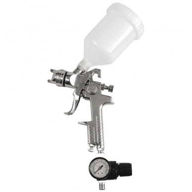 Dažymo pistoletas su manometru, oro srauto reguliatoriumi HVLP, 600ml Ø1.4mm Dažymo pistoletas su manometru, oro srauto reguliatoriumi HVLP, 600ml Ø1.4mm
