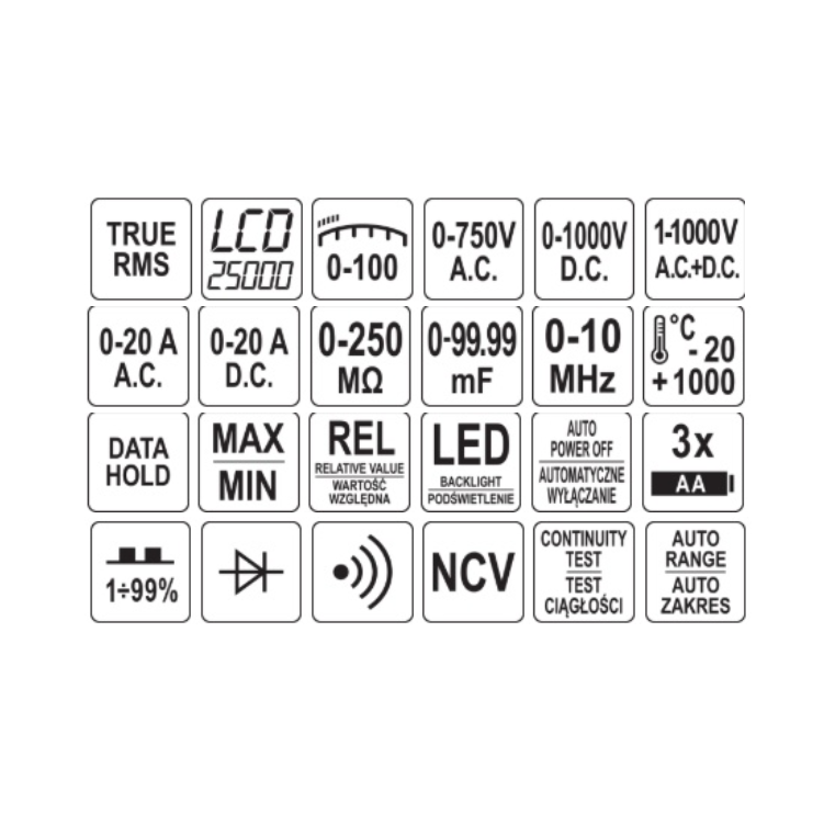 Daugiafunkcinis skaitmeninis testeris TRUE RMS AC+DC LCD 25000 6