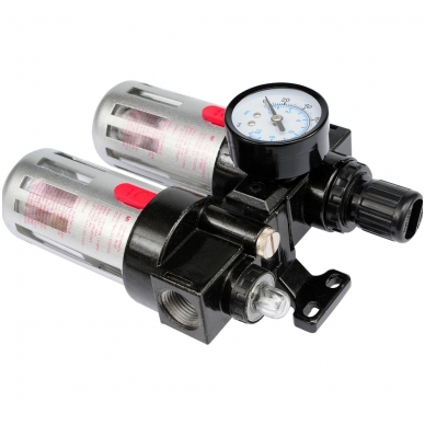 Drėgmės surinkėjas, reguliatorius su manometru ir tepaline 1/2" 2 Drėgmės surinkėjas, reguliatorius su manometru ir tepaline 1/2" 2