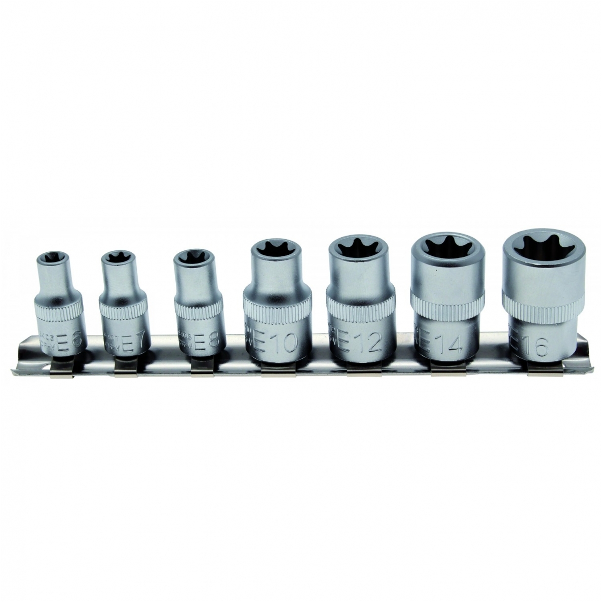 Galvučių rinkinys 7 vnt. E-Star varžtams E6-E16, 1/4" + 3/8" Galvučių rinkinys 7 vnt. E-Star varžtams E6-E16, 1/4" + 3/8"