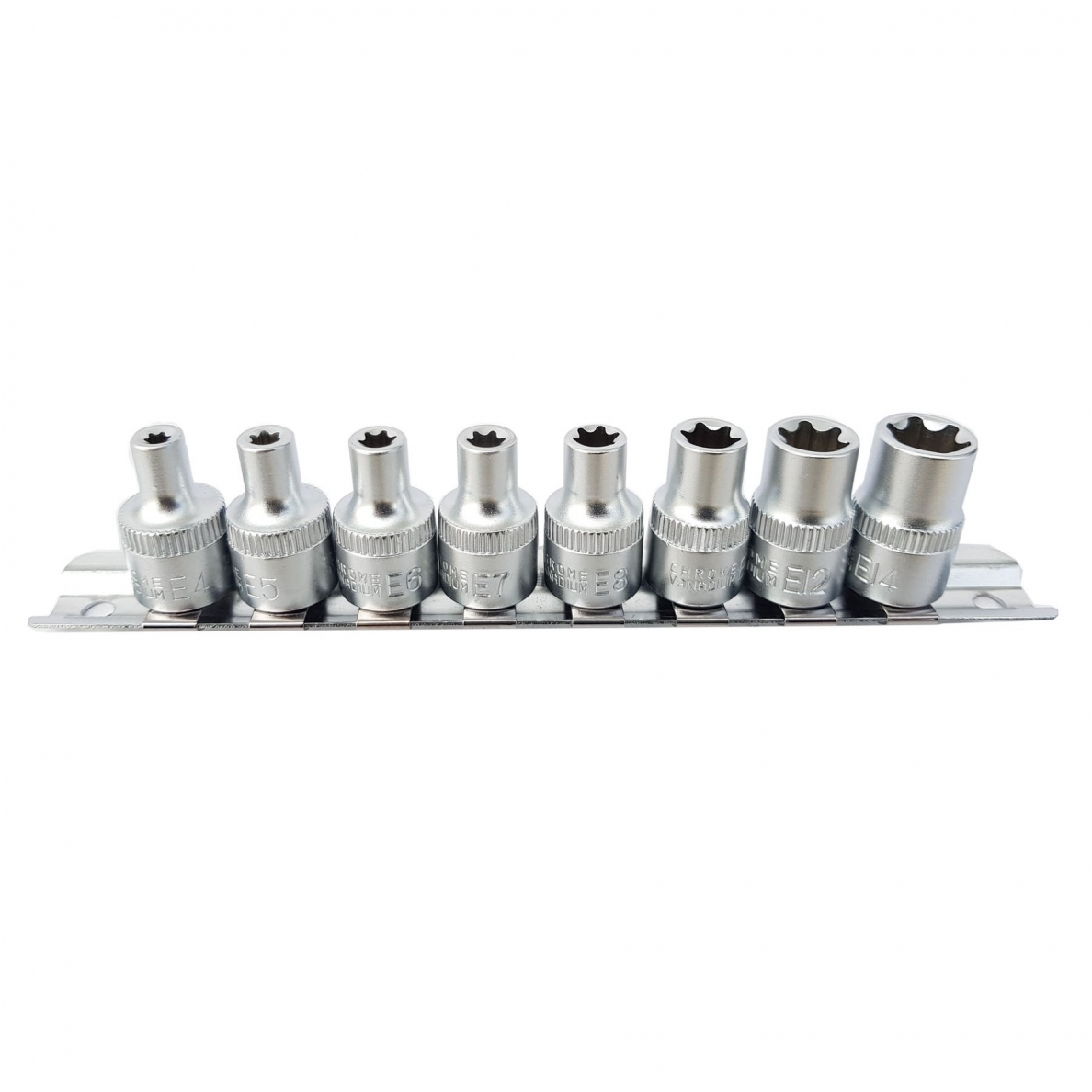 Galvučių rinkinys E-Tipas 10 mm (3/8") - E4 - E14 - 8 vnt. Galvučių rinkinys E-Tipas 10 mm (3/8") - E4 - E14 - 8 vnt.