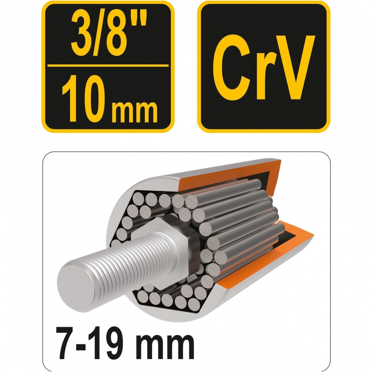 Galvutė universali ilga | 10 mm (3/8") | 7 - 19 mm 3 Galvutė universali ilga | 10 mm (3/8") | 7 - 19 mm 3