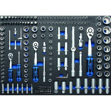 Galvučių ir raktų rinkinys 1/4"+3/8"+1/2", 192vnt. su padėklu į spintelę 3/3 Galvučių ir raktų rinkinys 1/4"+3/8"+1/2", 192vnt. su padėklu į spintelę 3/3