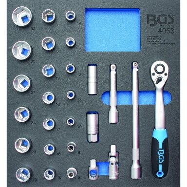 Galvučių komplektas su padėklu į spintelę 1/2", 8-32mm. 27vnt. Galvučių komplektas su padėklu į spintelę 1/2", 8-32mm. 27vnt.