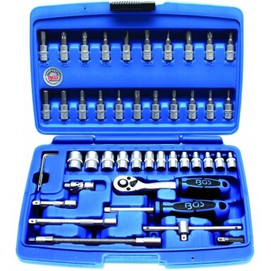 Galvučių su terkšle rinkinys 1/4", 46 dalių Galvučių su terkšle rinkinys 1/4", 46 dalių