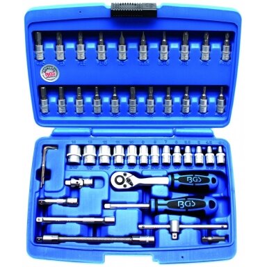 Galvučių su terkšle rinkinys 1/4", 46vnt. Galvučių su terkšle rinkinys 1/4", 46vnt.