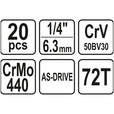 Galvučių su terkšle rinkinys 1/4", 20vnt. 4 Galvučių su terkšle rinkinys 1/4", 20vnt. 4