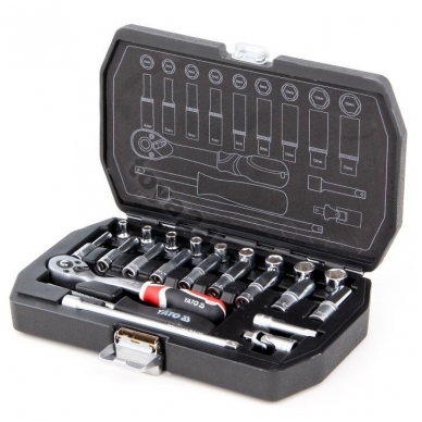 Galvučių su terkšle rinkinys 1/4", 23 vnt. 2 Galvučių su terkšle rinkinys 1/4", 23 vnt. 2