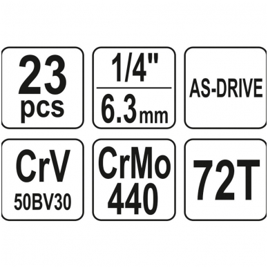 Galvučių su terkšle rinkinys 1/4", 23 vnt. 4 Galvučių su terkšle rinkinys 1/4", 23 vnt. 4