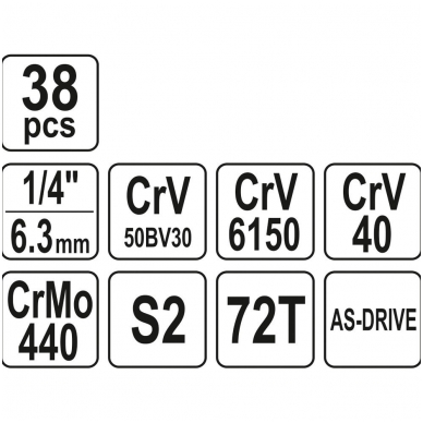 Galvučių su terkšle rinkinys 1/4", 38vnt. 4 Galvučių su terkšle rinkinys 1/4", 38vnt. 4