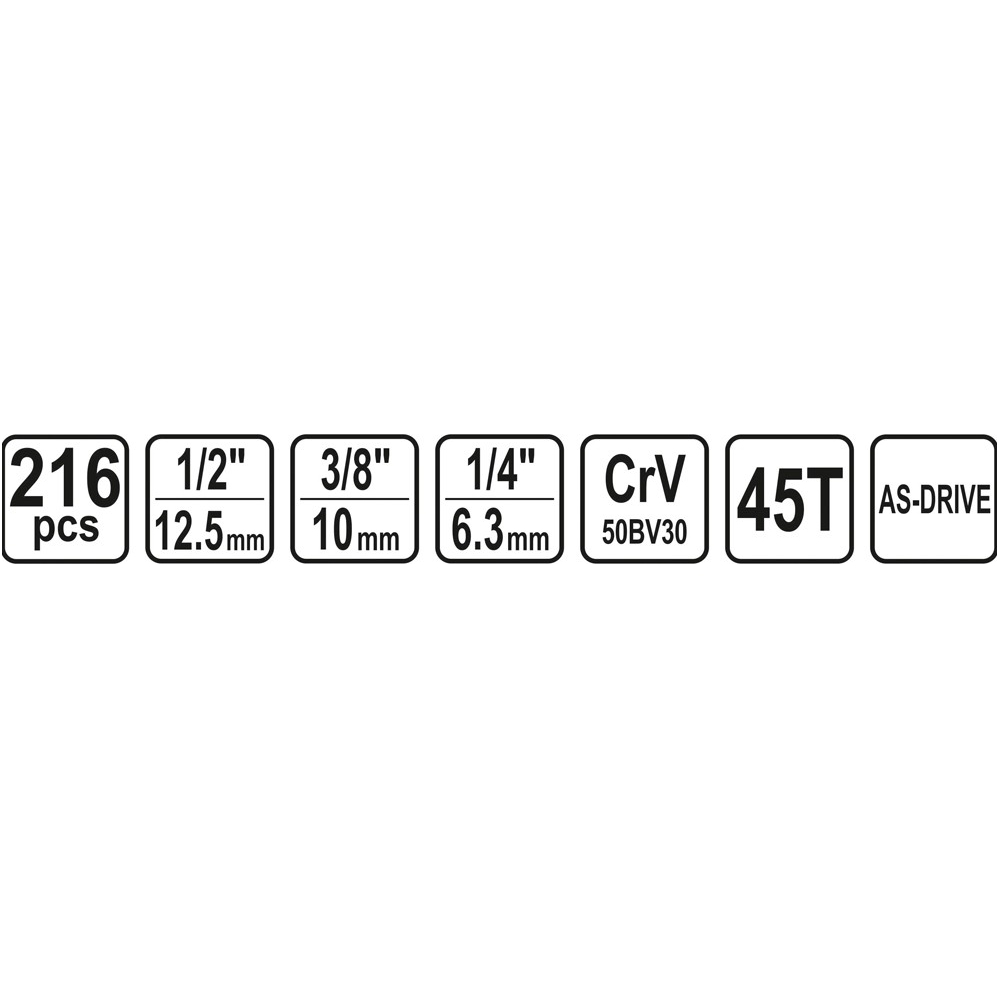 Galvučių ir raktų komplektas 216 vnt. 1/4" + 3/8" + 1/2" 4