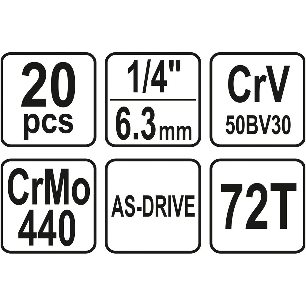 Galvučių su terkšle rinkinys 1/4", 20vnt. 4 Galvučių su terkšle rinkinys 1/4", 20vnt. 4