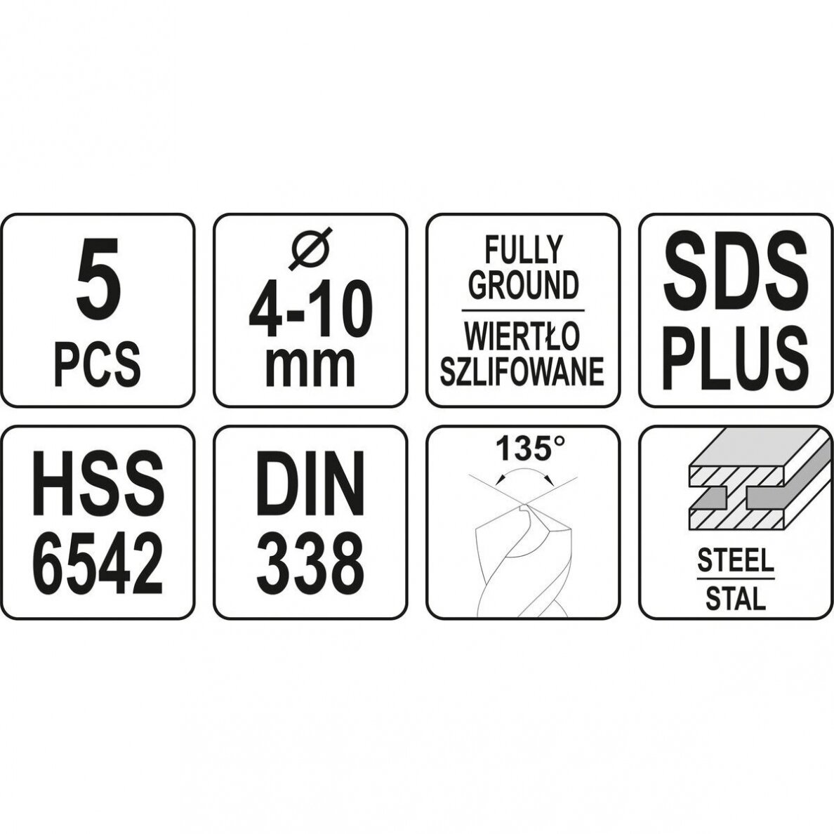 Grąžtai metalui HSS 6542 SDS PLUS 4 - 10mm. 5vnt. 4
