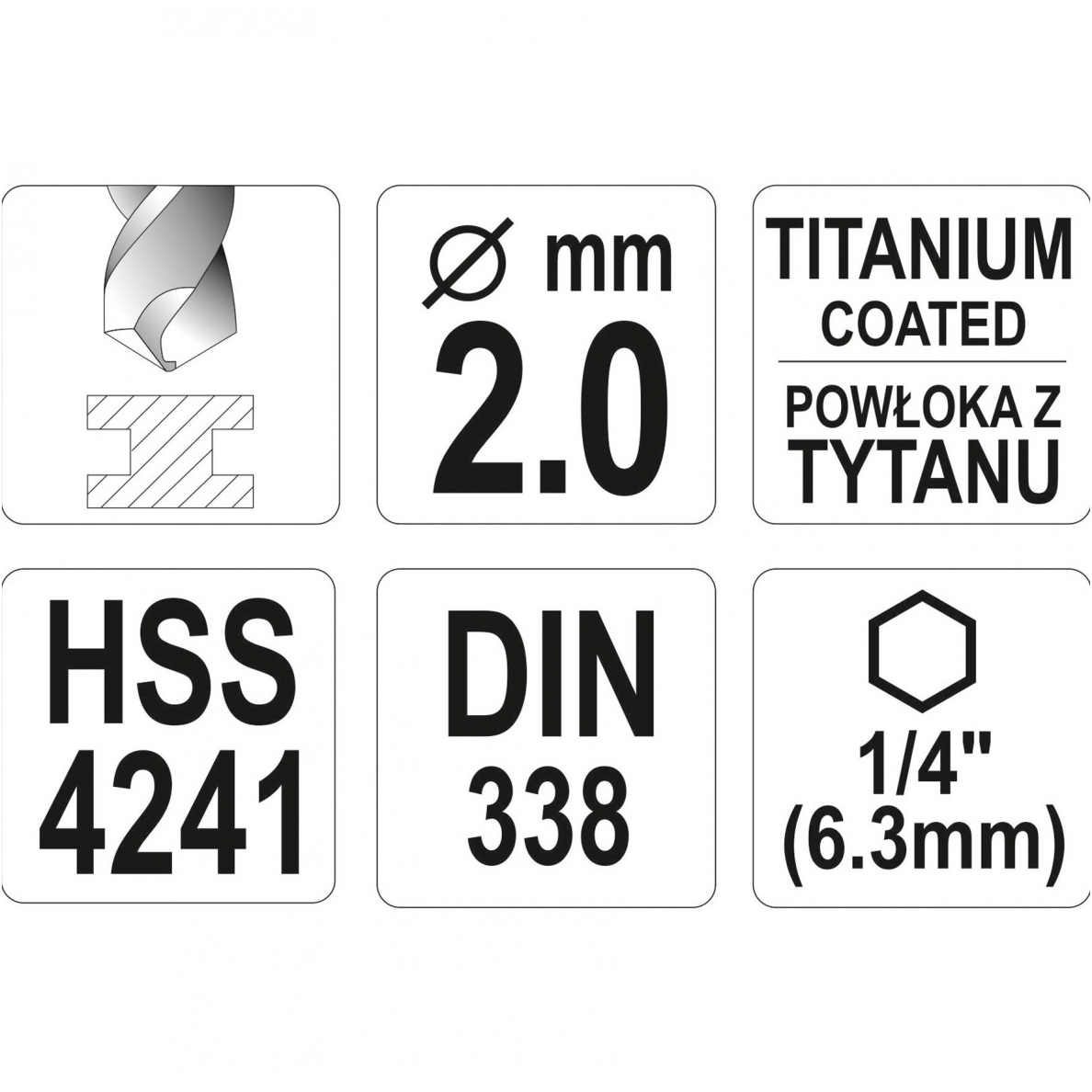 Grąžtas metalui su Hex 6.3 mm galu HSS-TiN 2.0 mm 3 Grąžtas metalui su Hex 6.3 mm galu HSS-TiN 2.0 mm 3
