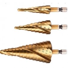 Grąžtai skylės (pa)platinimui pakopiniai (1/4") su grioveliu, 4-32mm, 3vnt.