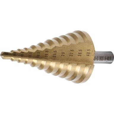 Grąžtas pakopinis, pusiniai numeriai 6-40.5mm.