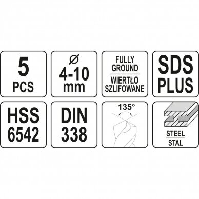 Grąžtai metalui HSS 6542 SDS PLUS 4 - 10mm. 5vnt. 4 Grąžtai metalui HSS 6542 SDS PLUS 4 - 10mm. 5vnt. 4