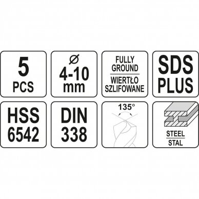 Grąžtai metalui HSS 6542 SDS PLUS 4 - 10mm. 5vnt. 4