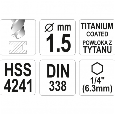 Grąžtas metalui su Hex 6.3 mm (1/4") galu HSS-TiN, 1,5 mm 3