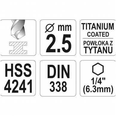 Grąžtas metalui su Hex 6.3 mm (1/4") galu HSS-TiN | 2.5 mm 3