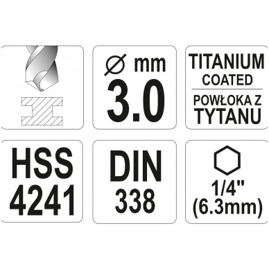 Grąžtas metalui su Hex 6.3 mm (1/4") galu HSS-TiN - 3.0 mm 3