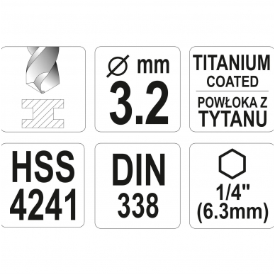 Grąžtas metalui su Hex 6.3 mm (1/4") galu HSS-TiN | 3.2 mm 3
