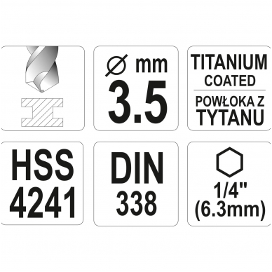 Grąžtas metalui su Hex 6.3 mm (1/4") galu HSS-TiN | 3.5 mm 3